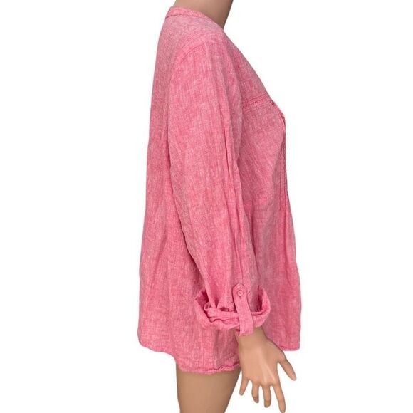 Kim Rodgers pleated front pink linen blend blouse roll tab sleeves size 2X - Picture 2 of 7